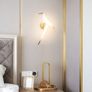 Gold metal bird wall lamp angle view — contemporary wall sconce
