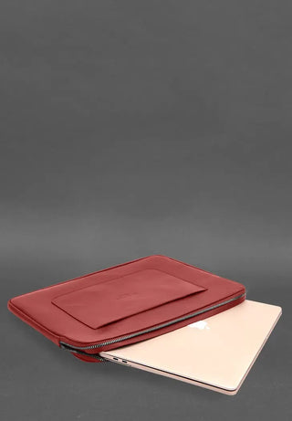 genuine leather laptop case zippered tech protector front pocket close-up