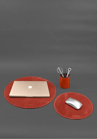 genuine handcrafted leather laptop desk pad pen holder set detail view 2