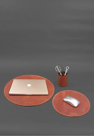 genuine handcrafted leather laptop desk pad pen holder set close-up 2