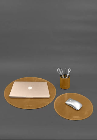 genuine handcrafted leather laptop desk pad pen holder set lifestyle view