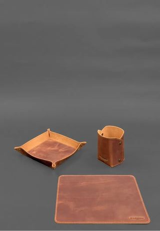 leather light brown desk organizer mat pen holder set side view