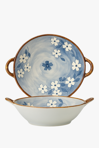 japanese floral-motif ceramic bowl with handle