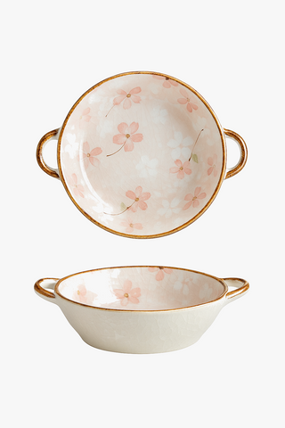 japanese floral-motif ceramic bowl with handle