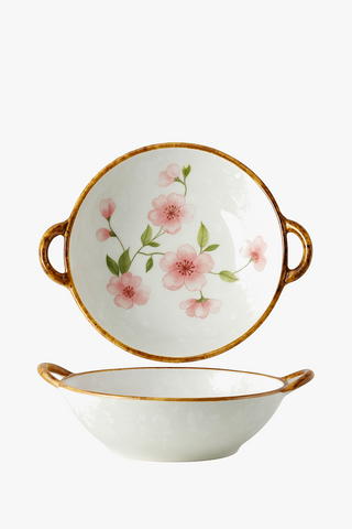 japanese floral-motif ceramic bowl with handle