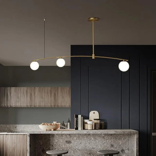 Glass ball pendant lamp close-up, soft ambient modern hanging ceiling light