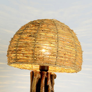 Rustic woven shade lamp — wooden base warm ambient glow