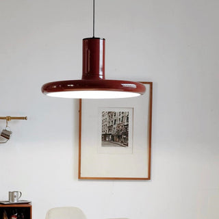 Red metal saucer pendant light for dining room — adjustable cord