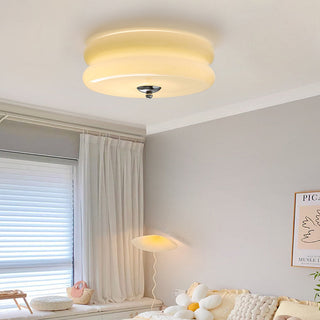 Art Deco Ceiling Light - LED Cream Cake Lamp With Glass Shade & Jade Finish