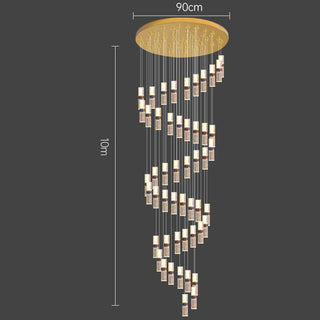 Long crystal staircase chandelier — luxury cascade ceiling warm light