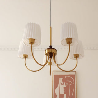 Brass dining room chandelier vintage pleated shade close-up