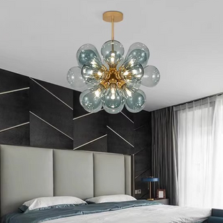 Bubble sputnik glass chandelier wide view — globe pendant warm
