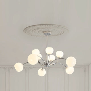 Modern sputnik chandelier illuminated — white globe iron warm pendant