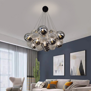Modern glass bubble chandelier close-up — LED ball dining detail