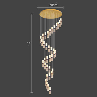 Crystal staircase cascade chandelier front — long luxury warm