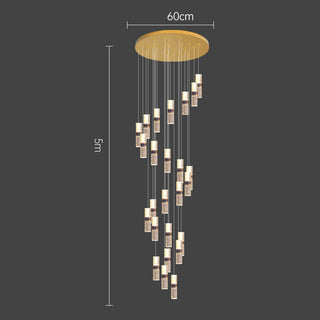 Luxury crystal cascade chandelier — long staircase ceiling warm