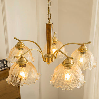 Mid-century copper chandelier side — glass petal warm ambient glow