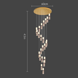 Crystal staircase chandelier ambient — long luxury cascade warm glow