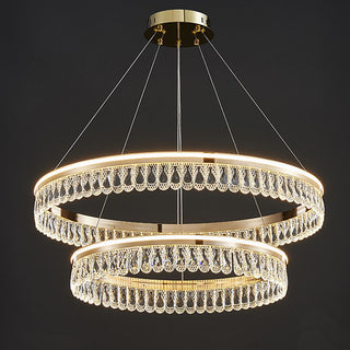 Crystal ring pendant chandelier setting — large luxury dining wide