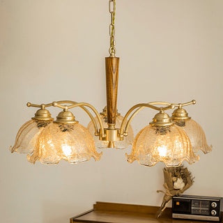 Glass petal copper chandelier close-up — mid-century warm detail