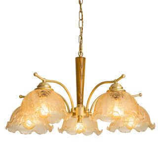 Copper mid-century glass petal chandelier wide view — warm ambient