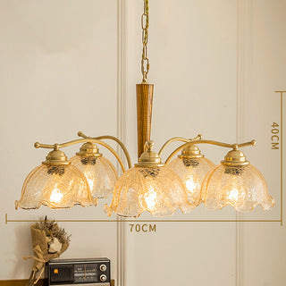 Copper petal glass chandelier setting — mid-century warm wide