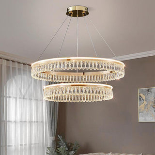 Luxury crystal ring chandelier front — large modern dining pendant