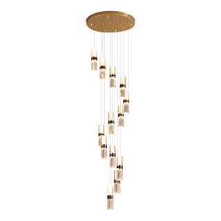 Crystal cascade long staircase chandelier wide view — luxury warm