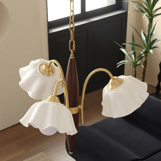 Ceramic flower walnut chandelier front — vintage brass warm design