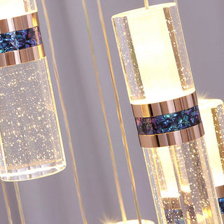 Long luxury crystal staircase chandelier ambient — cascade warm