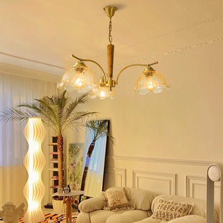 Copper glass petal chandelier wide — mid-century warm ambient ceiling