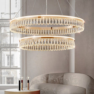 Large luxury ring chandelier illuminated — crystal modern dining warm