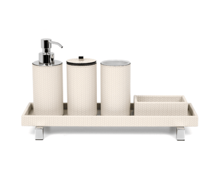 round leather bathroom set soap dispenser toothbrush holder kit close-up