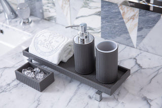 round leather bathroom set soap dispenser toothbrush holder kit detail