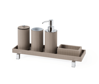 round leather bathroom set soap dispenser toothbrush holder kit side view