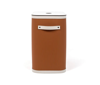 rectangular designer leather storage basket lid bathroom close-up