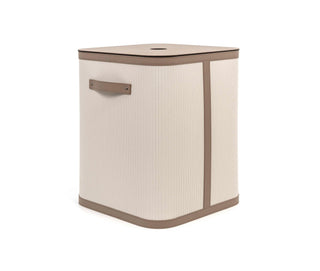 large square woven leather laundry basket full upholstery front view