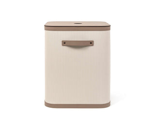 large square woven leather laundry basket full upholstery close-up