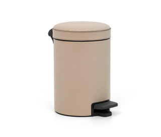 round leather finish pedal bin soft close wastebasket bathroom side view