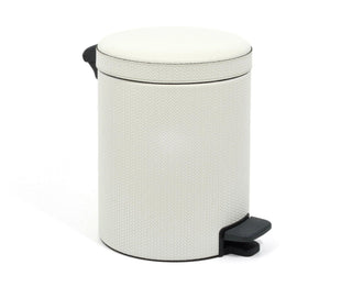 round leather finish pedal bin soft close wastebasket bathroom detail