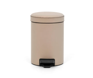 round leather finish pedal bin soft close wastebasket bathroom front view