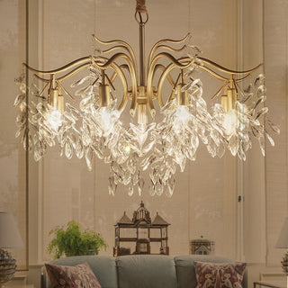 Gold crystal tiered chandelier close-up — large modern dining detail