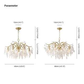 Large gold crystal tiered chandelier wide view — dining warm