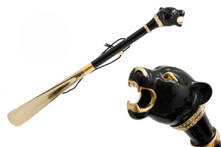 enameled black panther handle wooden shaft long handle handmade Italian luxury shoehorn front view