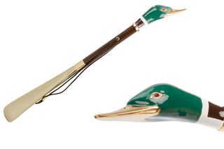 brass mallard handle wooden shaft long handle handmade Italian luxury shoehorn front view