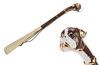 brass boxer dog handle long handle handmade Italian luxury shoehorn front view