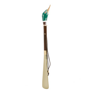 brass mallard handle wooden shaft long handle handmade Italian luxury shoehorn side view