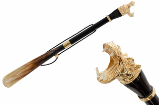 brass hippopotamus handle wooden shaft long handle handmade Italian luxury shoehorn front view