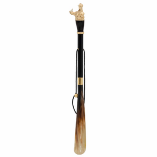 brass hippopotamus handle wooden shaft long handle handmade Italian luxury shoehorn side view