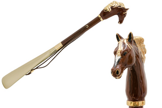 enameled brass wood shaft gift long handle handmade Italian luxury shoehorn front view